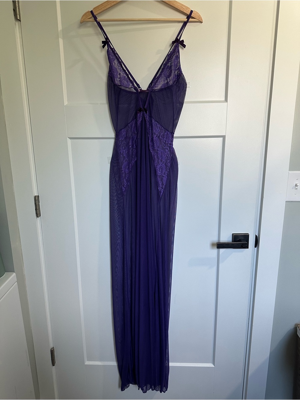 Sheer Lace Trim Purple Mesh Slip Dress